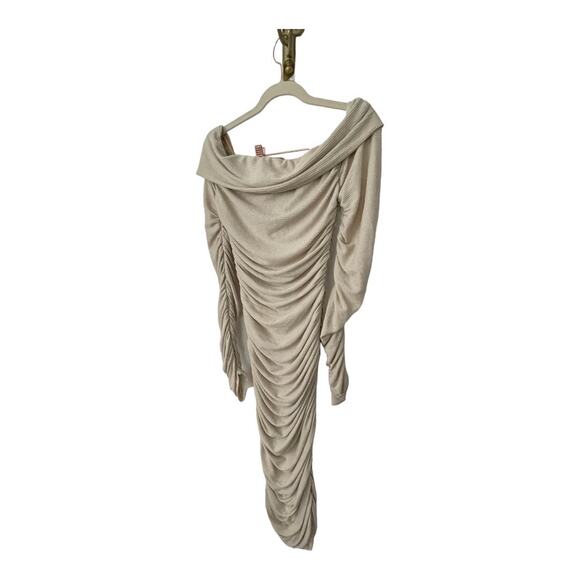 Bronx and Banco Amara Midi Dress Ruched Off the Shoulder Linen Neutral M/US 6 - Picture 5 of 16